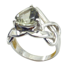 Kennedy light green solitaire ring with silver twisted band and triangular gemstone