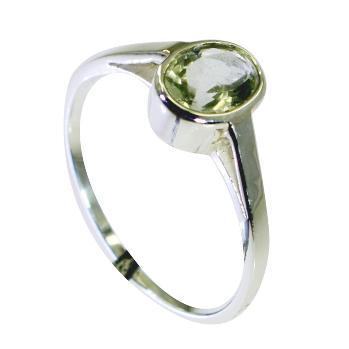 Nora light green solitaire ring with oval gemstone set in polished silver band