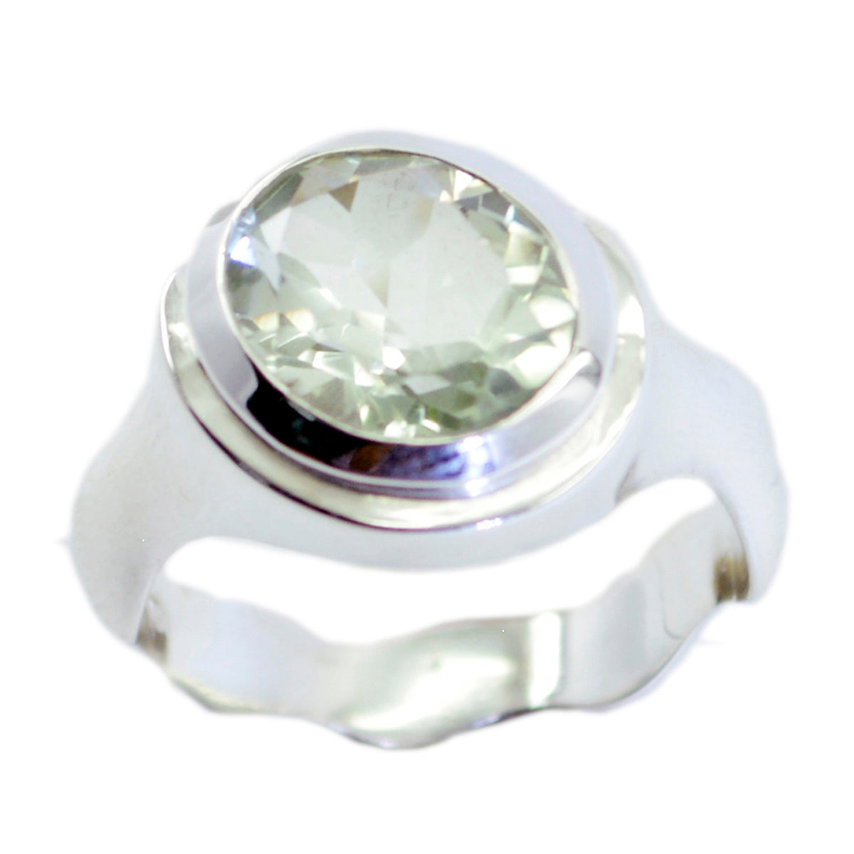 Camila light green solitaire ring with a faceted oval gemstone set in polished silver band