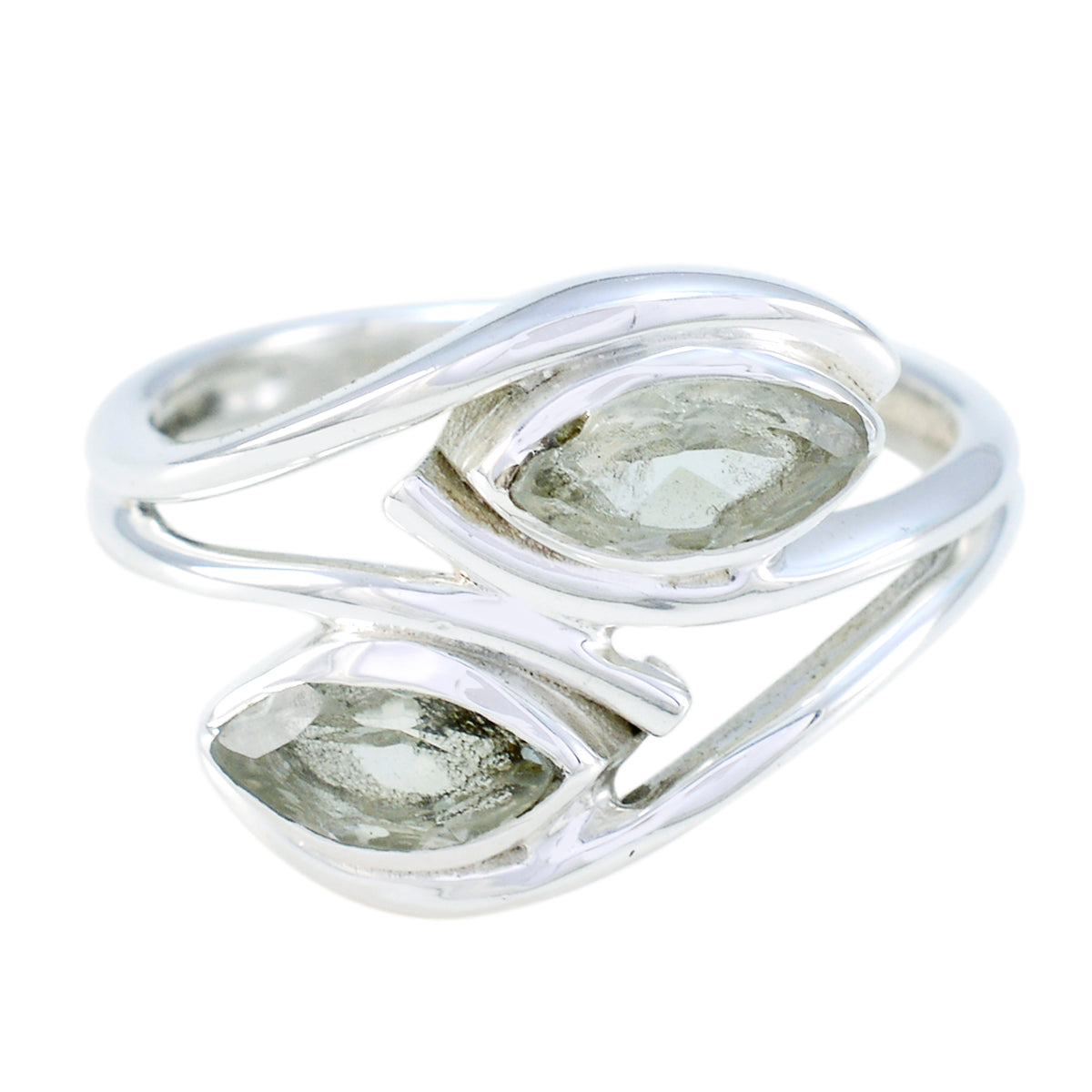 Liyana sterling silver ring with two marquise light green stones in a flowing split band light green toi et moi ring