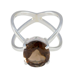 Lily Ethnic Brown Solitaire Ring with Silver Band Smoky Quartz Brown