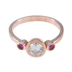 Soo-jin love red trilogy ring with rose gold band and three gemstones including central clear stone