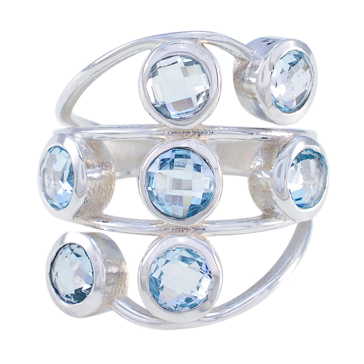 Luxurious blue gemstone ring by Camila featuring multiple round blue stones set in silver band