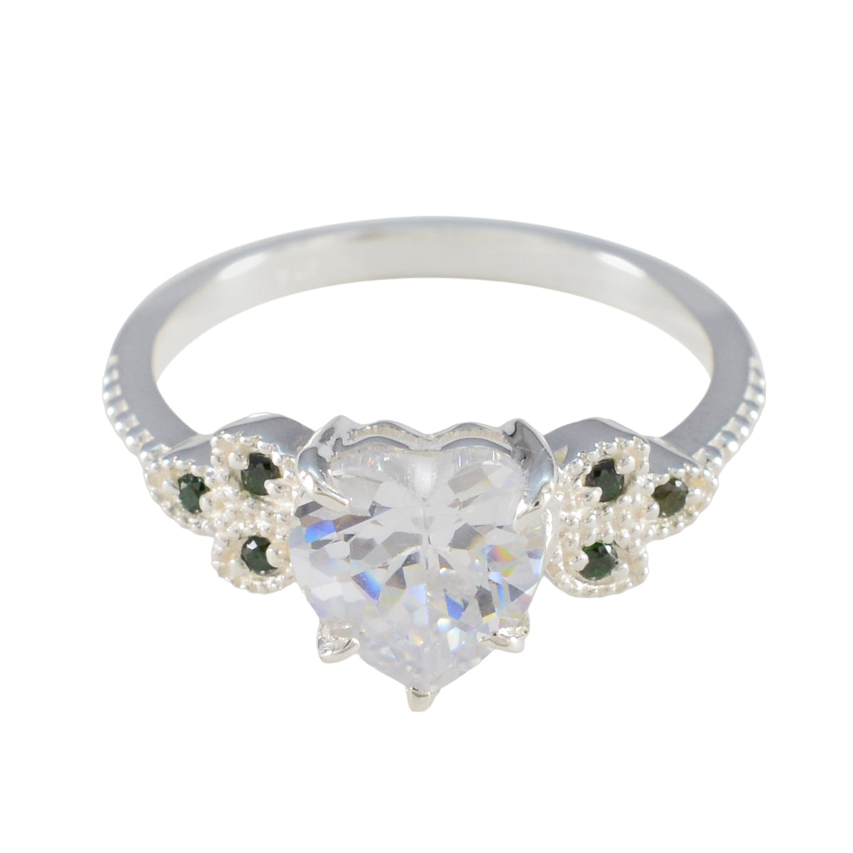 Penelope silver ring with heart shaped clear center stone and small green accents luxurious green gemstone ring