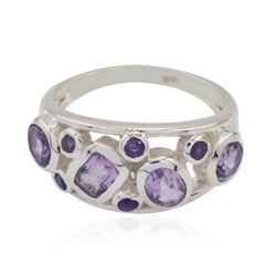 Riya sterling silver ring with multiple faceted amethyst stones in bezel settings luxurious purple gemstone ring