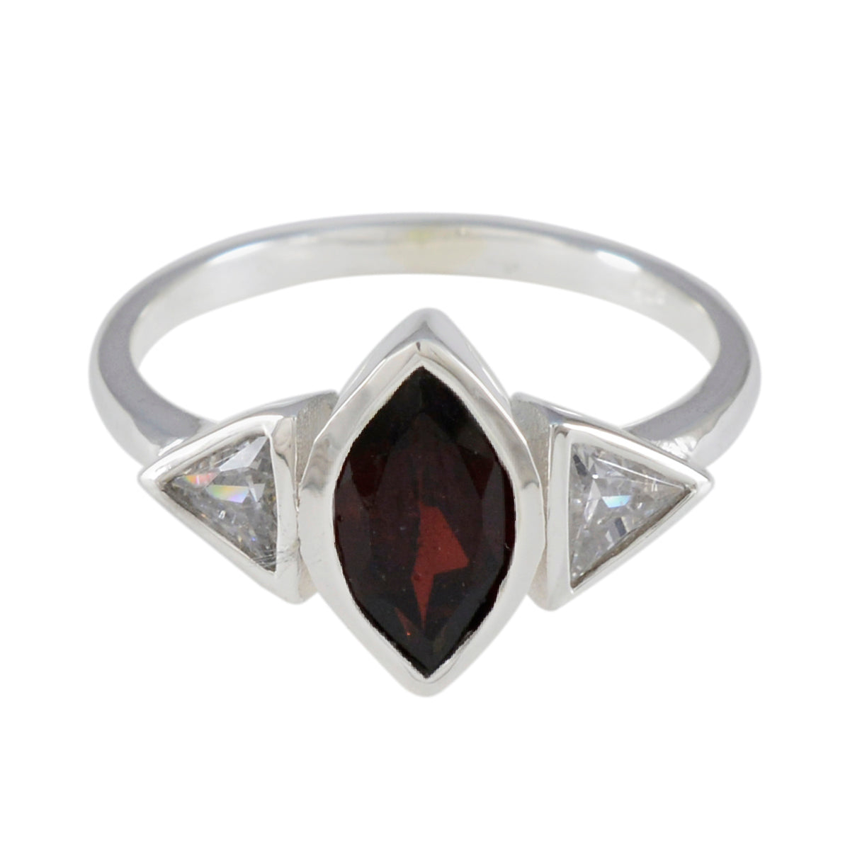 Emi ring featuring a luxurious red gemstone ring with two clear triangular side stones in silver setting