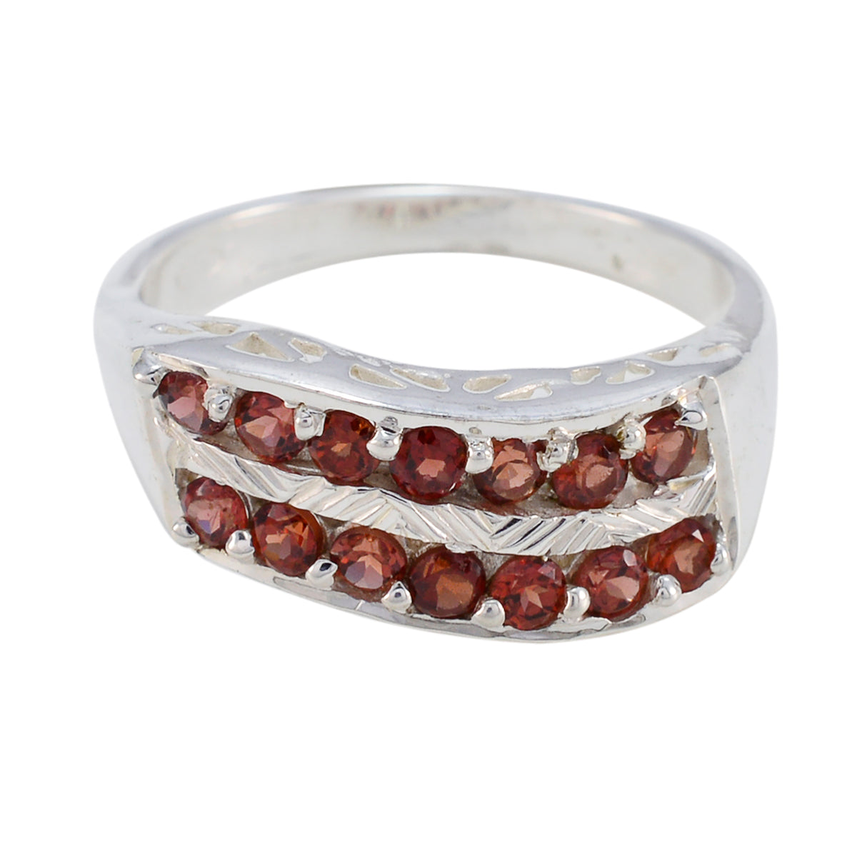 Sofia luxurious red gemstone ring with dual rows of sparkling red stones set in silver band