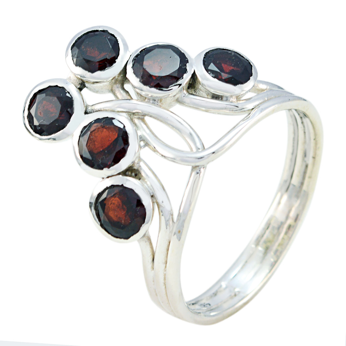 Angel silver ring with six round luxurious red gemstone ring design stones