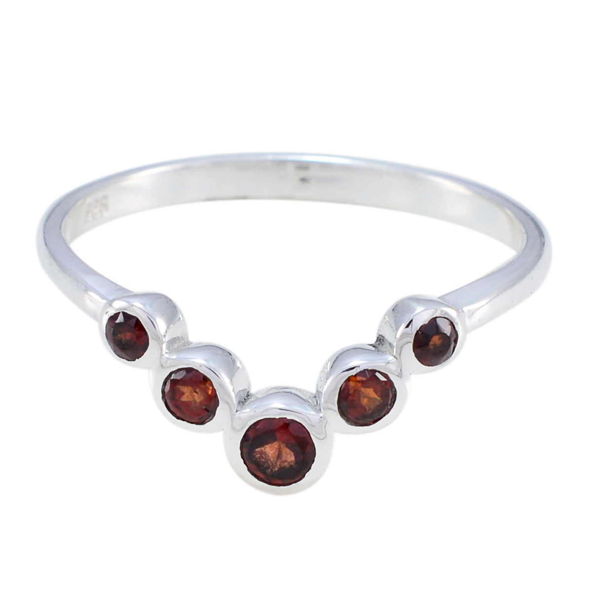 Jieun sterling silver ring with five round garnet stones in V shape luxurious red gemstone ring for elegant everyday wear