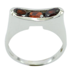Elena sterling silver band ring with three oval garnet stones set horizontally luxurious red gemstone ring