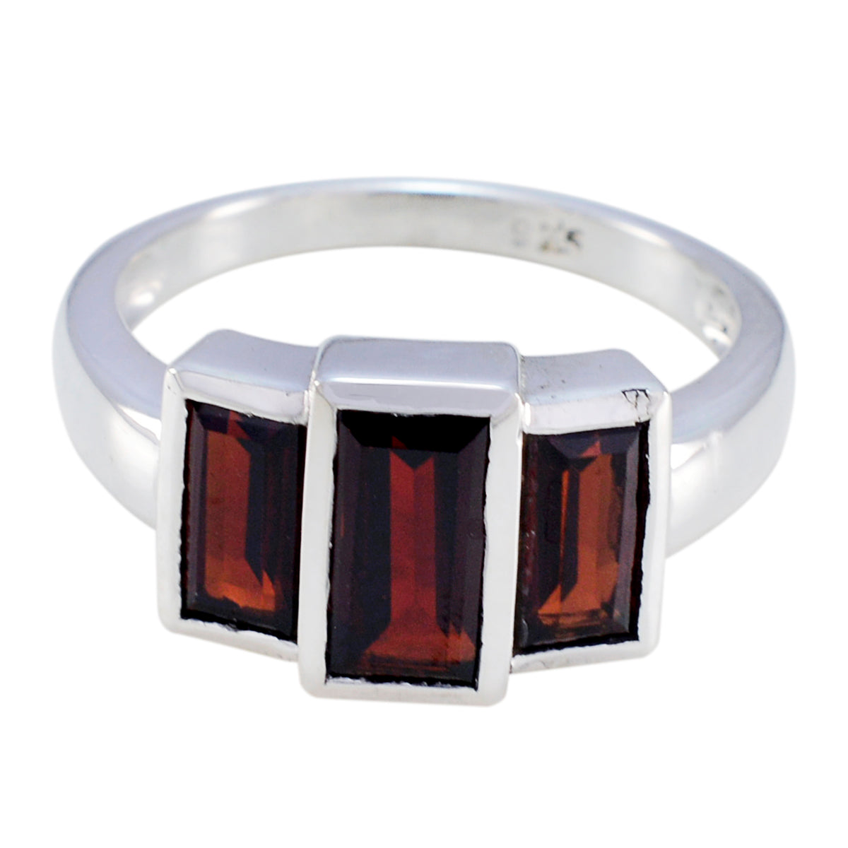 Antonia luxurious red trilogy ring with three rectangular red gemstones set in a silver band