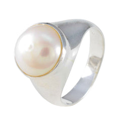 Josephine sterling silver band with a pearl in bezel setting luxurious white solitaire ring