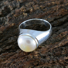 Josephine luxurious white solitaire ring with single pearl in polished sterling silver band for elegant wear