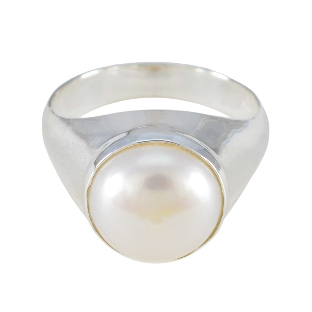 Josephine luxurious white solitaire ring featuring large round pearl set in polished sterling silver band