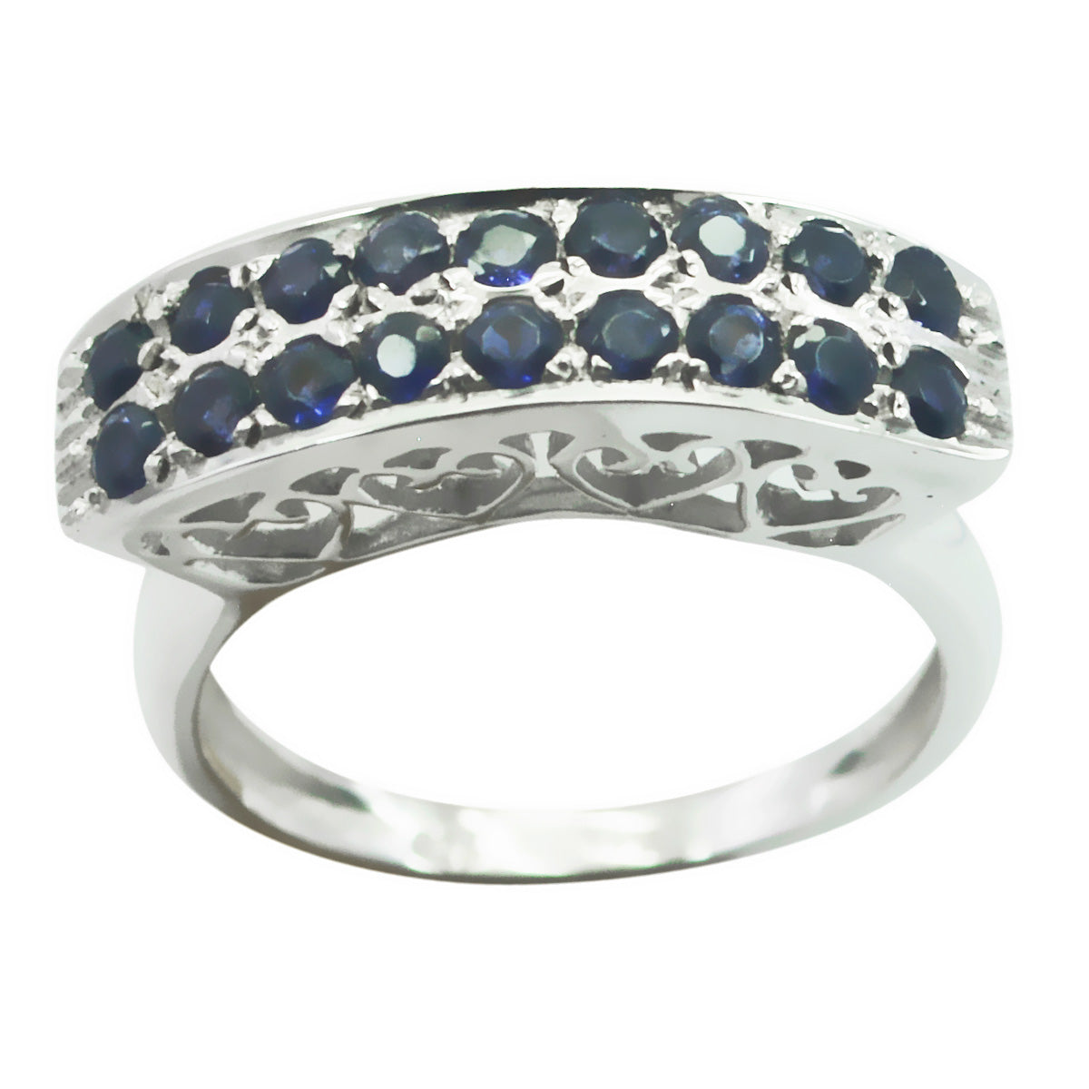 Nisa luxury blue gemstone ring with silver band and two rows of deep blue stones