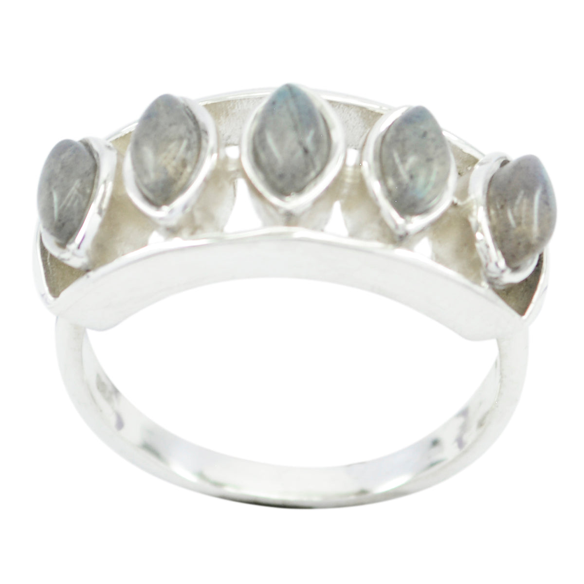 Luxury grey gemstone ring by Maya featuring five marquise-shaped grey stones set in silver band