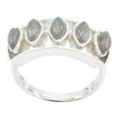 Luxury grey gemstone ring by Maya featuring five marquise-shaped grey stones set in silver band