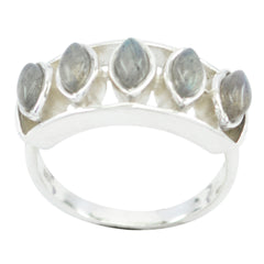 Luxury grey gemstone ring by Maya featuring five marquise-shaped grey stones set in silver band