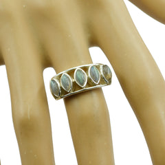 Maya luxury grey gemstone ring with five marquise stones set in silver band on hand model