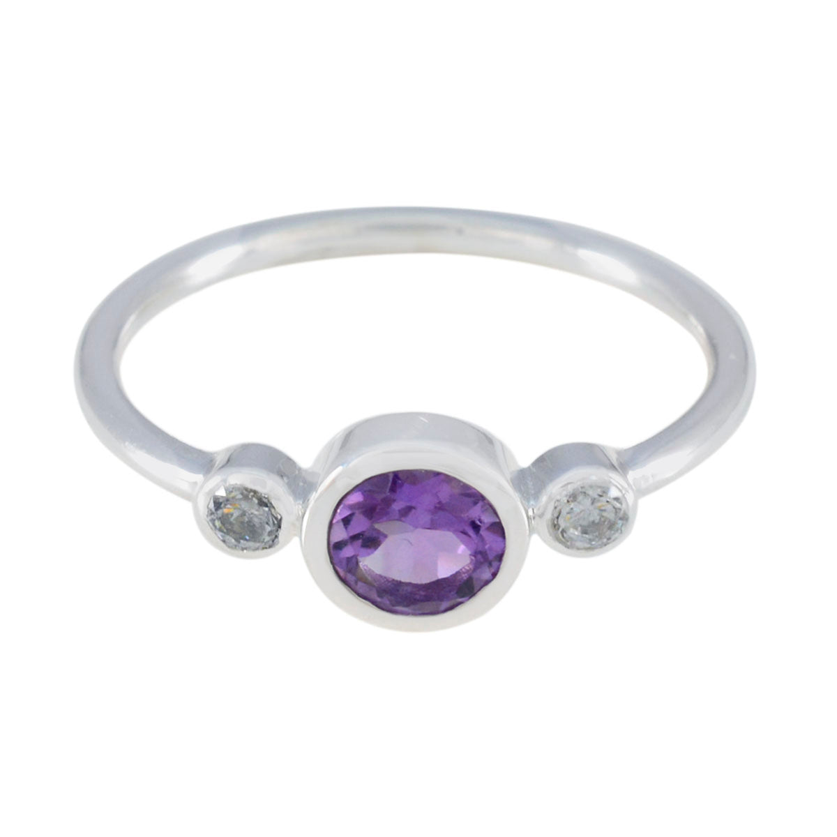 Naomi luxury purple gemstone ring with oval amethyst center and two small clear stones on silver band
