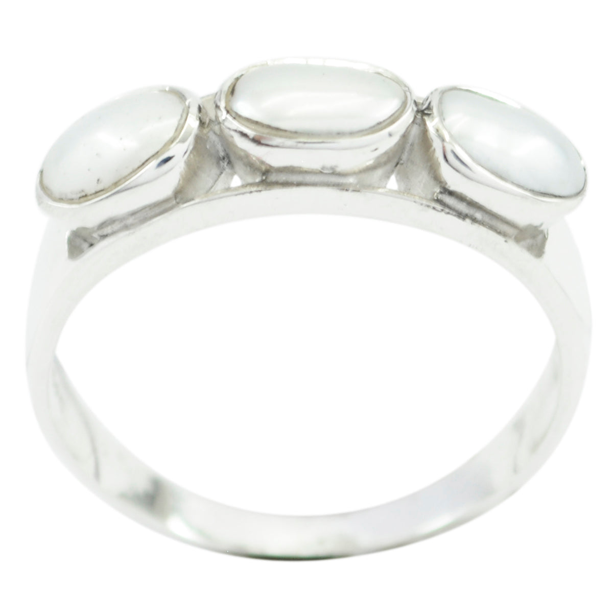 Eun-ji luxury white trilogy ring with three oval white stones set in silver band