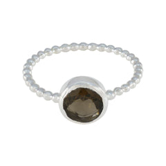 Maria Twist Brown Solitaire Ring with Beaded Silver Band Smoky Quartz Brown
