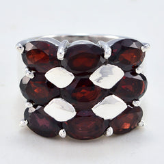 Mathilde Heritage Red Navratna ring silver band with three rows of oval red gemstones and leaf accents