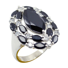 Stella modern black gemstone ring with marquise cut stones and clear accent gems on silver band