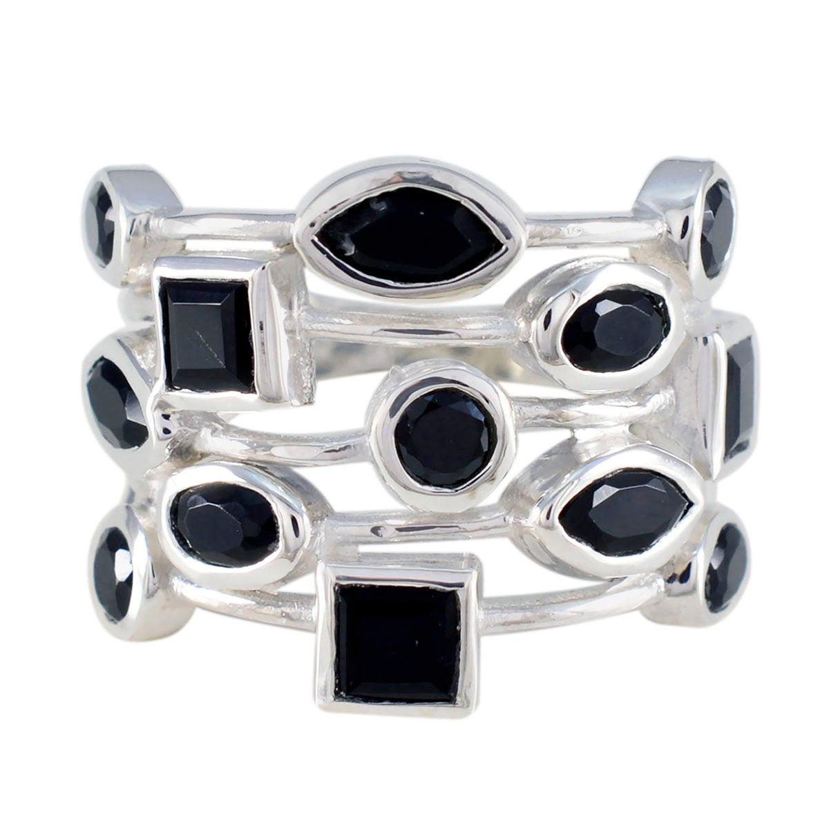 Saanvi modern black gemstone ring multi band sterling silver stack with round square and marquise black stones