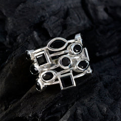 Saanvi modern black gemstone ring in sterling silver with mixed oval round and square black stones