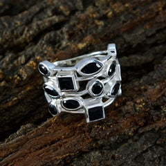 Saanvi modern black gemstone ring sterling silver stacked band with marquise and square black stones on wood