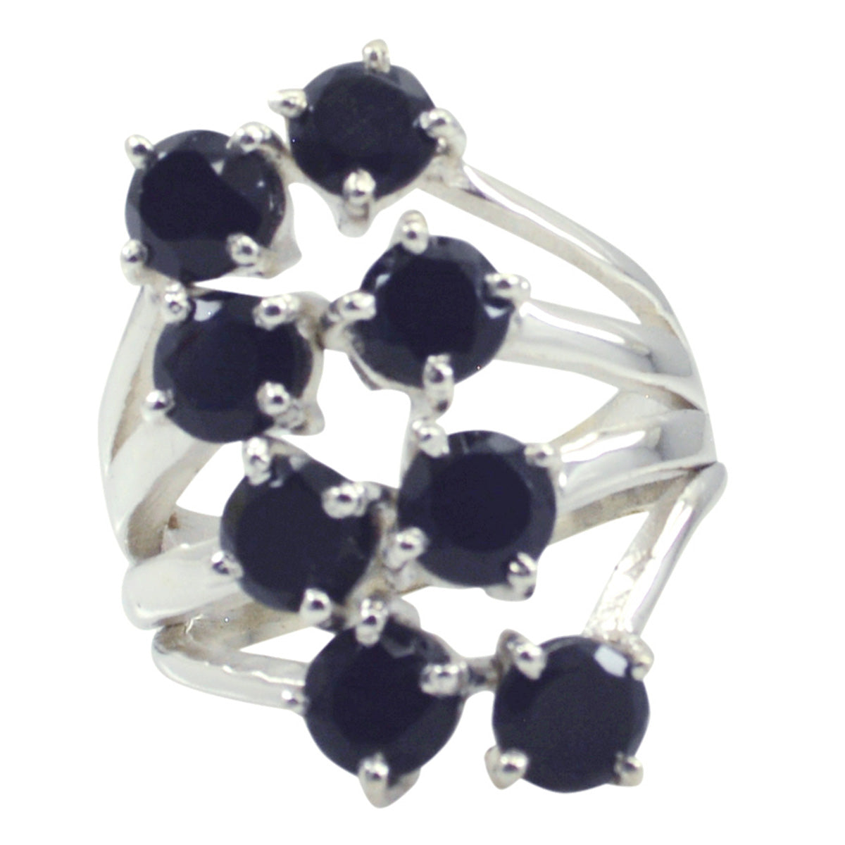 Elegant modern black gemstone ring by Angel featuring multiple round black stones set in silver band
