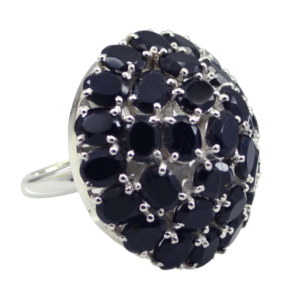 Camilla modern black statement ring with multiple black stones set in silver band