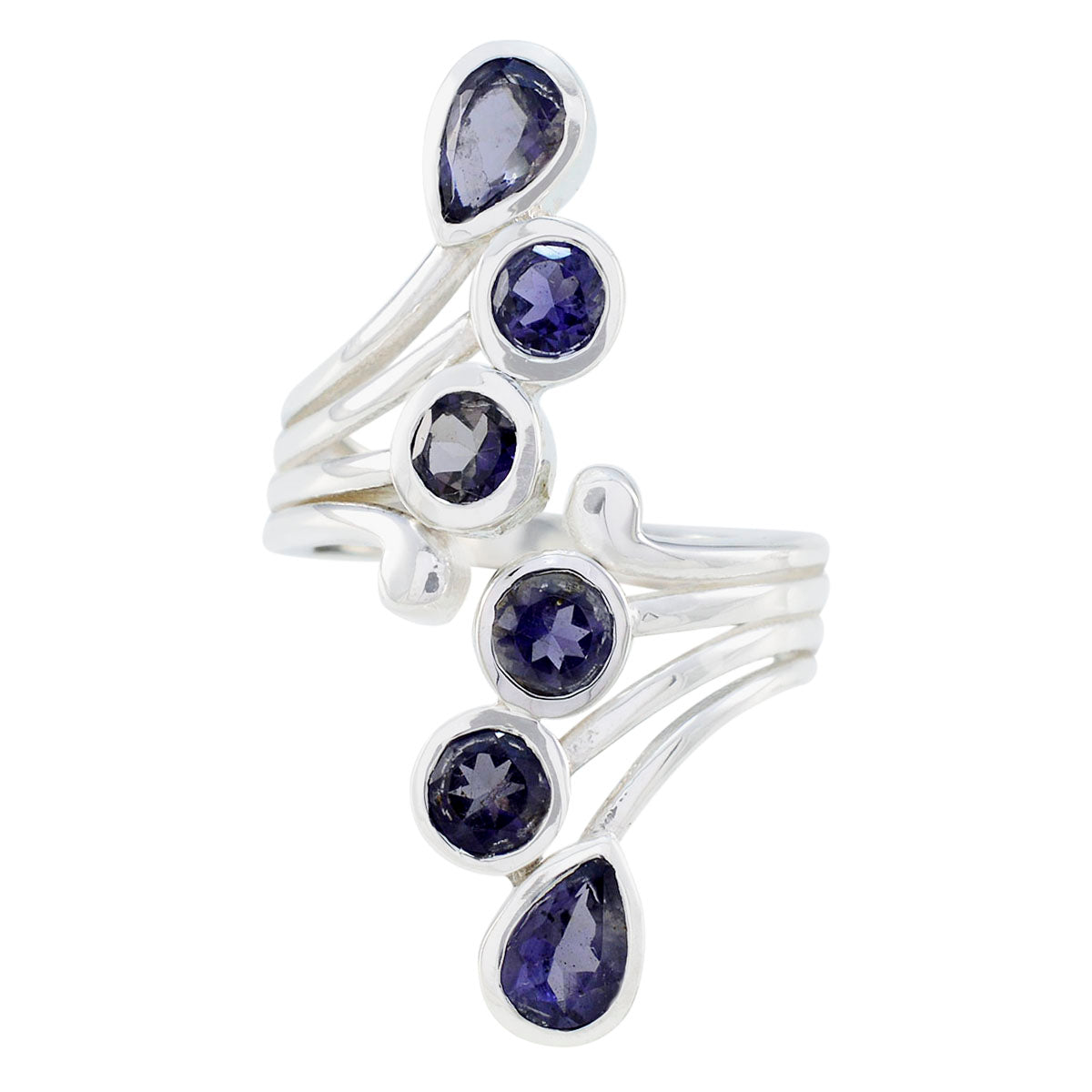 Yasmine modern blue gemstone ring with multiple deep blue stones set in silver band