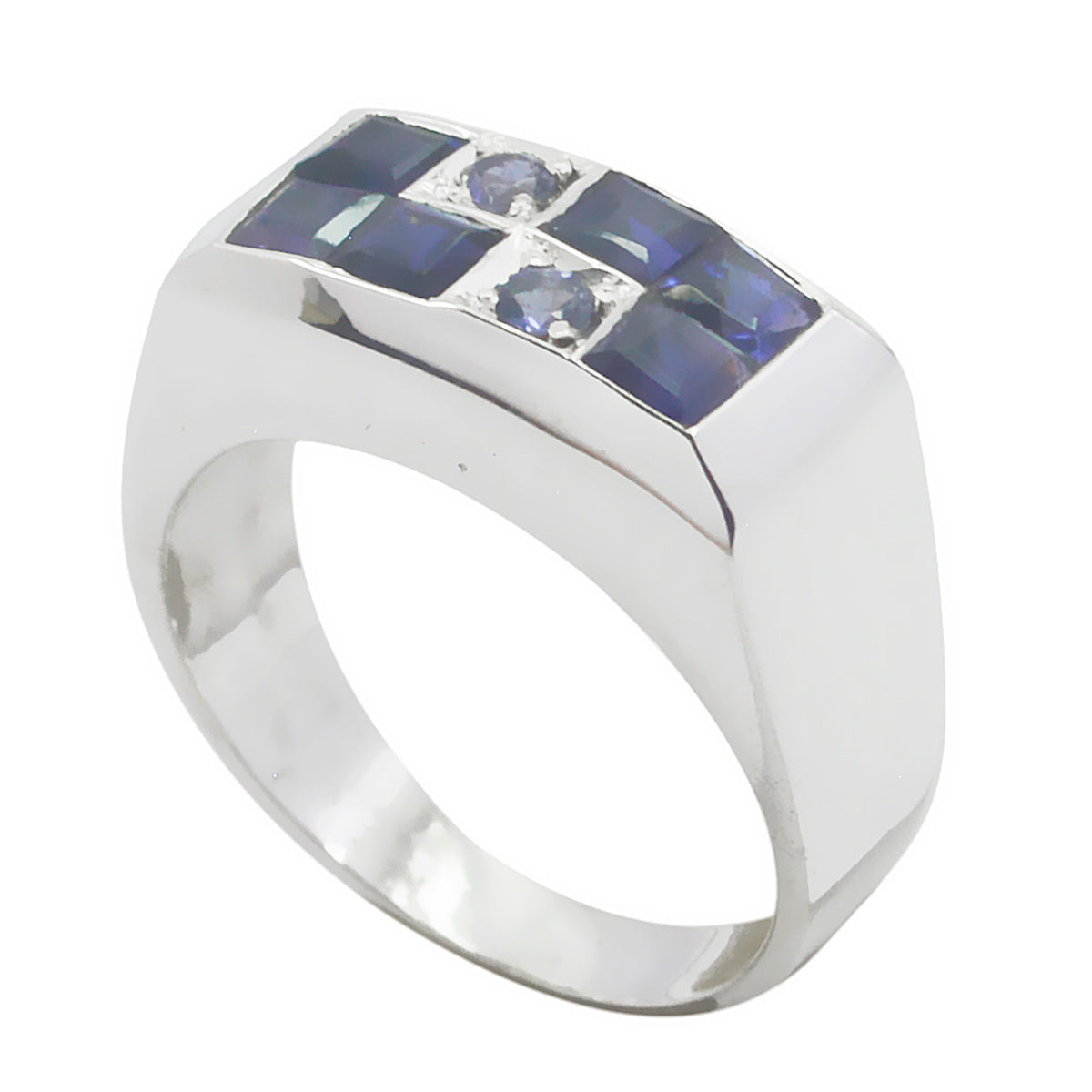 Victoria modern blue gemstone ring in sterling silver with square and round blue sapphires