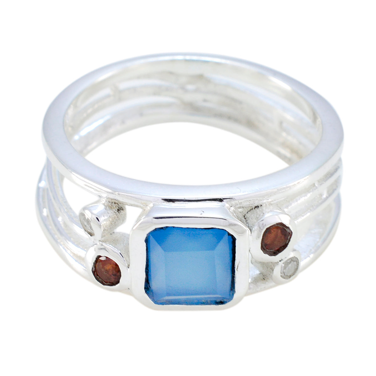 Ayesha modern blue gemstone ring in sterling silver with square blue center and two small red accent stones