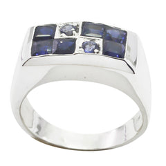Victoria silver signet ring with square and round sapphires and clear accents modern blue gemstone ring