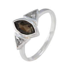 Eun-ji modern brown gemstone ring with marquise brown stone and two clear triangular stones set in silver band