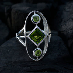 Sara silver modern green gemstone ring with square center stone and two round accents