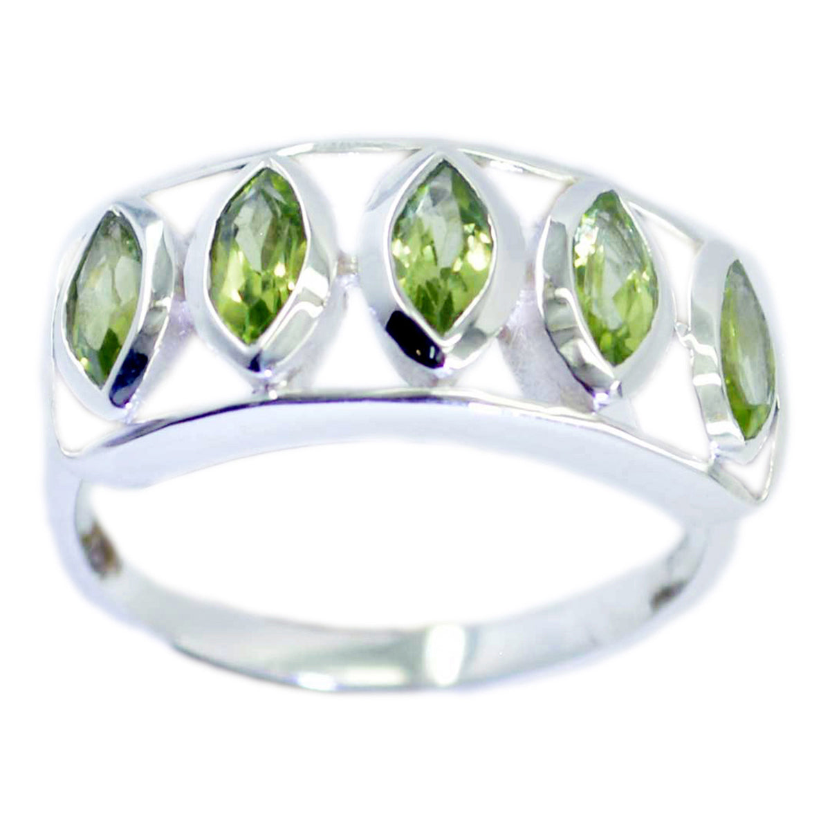Nia modern green gemstone ring with five marquise-cut green stones set in silver band