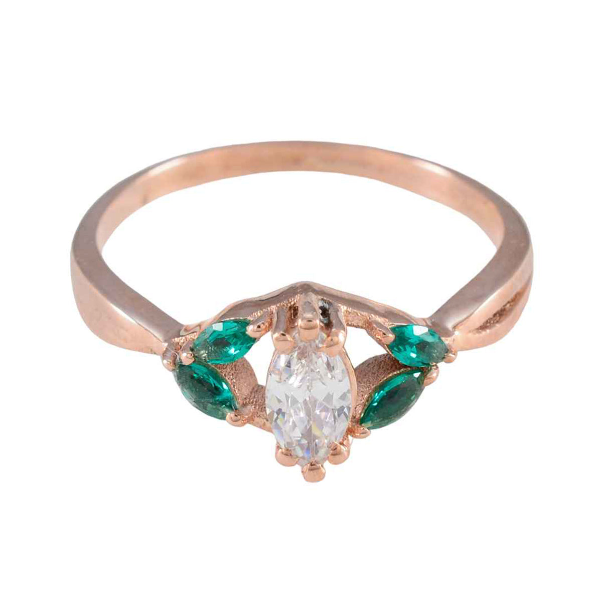 Sofia modern green gemstone ring with rose gold band and clear center stone