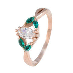 Sofia modern green gemstone ring with marquise-cut green stones and central clear gem in rose gold band