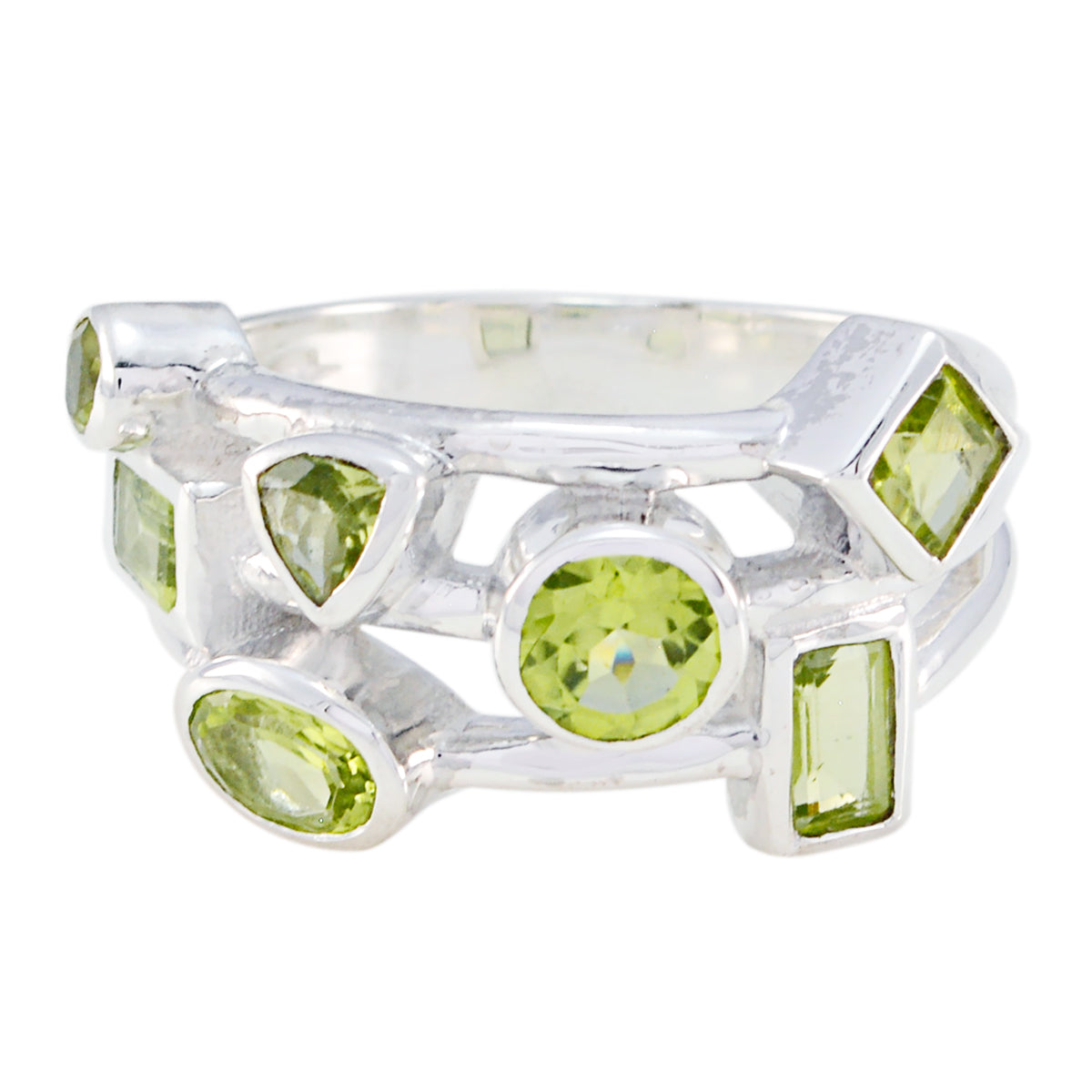 Natcha sterling silver multi stone peridot band featuring varied cuts modern green gemstone ring