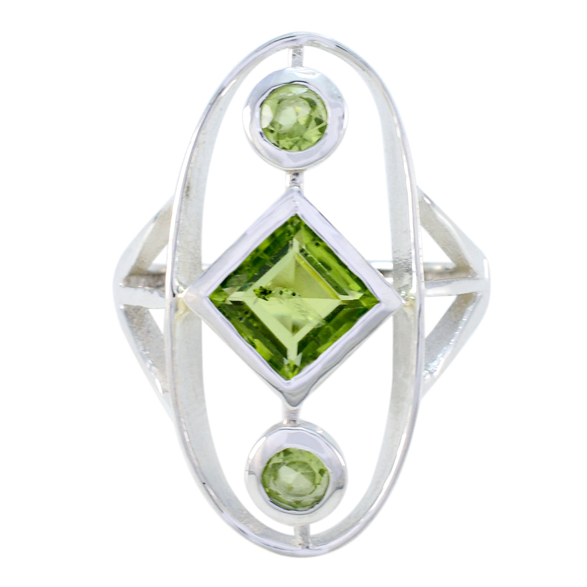Sara modern green gemstone ring with square peridot center and two round peridot accents in silver
