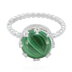 Riya modern green solitaire ring with a round green stone and silver beaded band