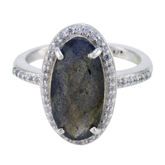 Mariana Modern Grey Gemstone Halo Ring with Silver Band Labradorite Gray