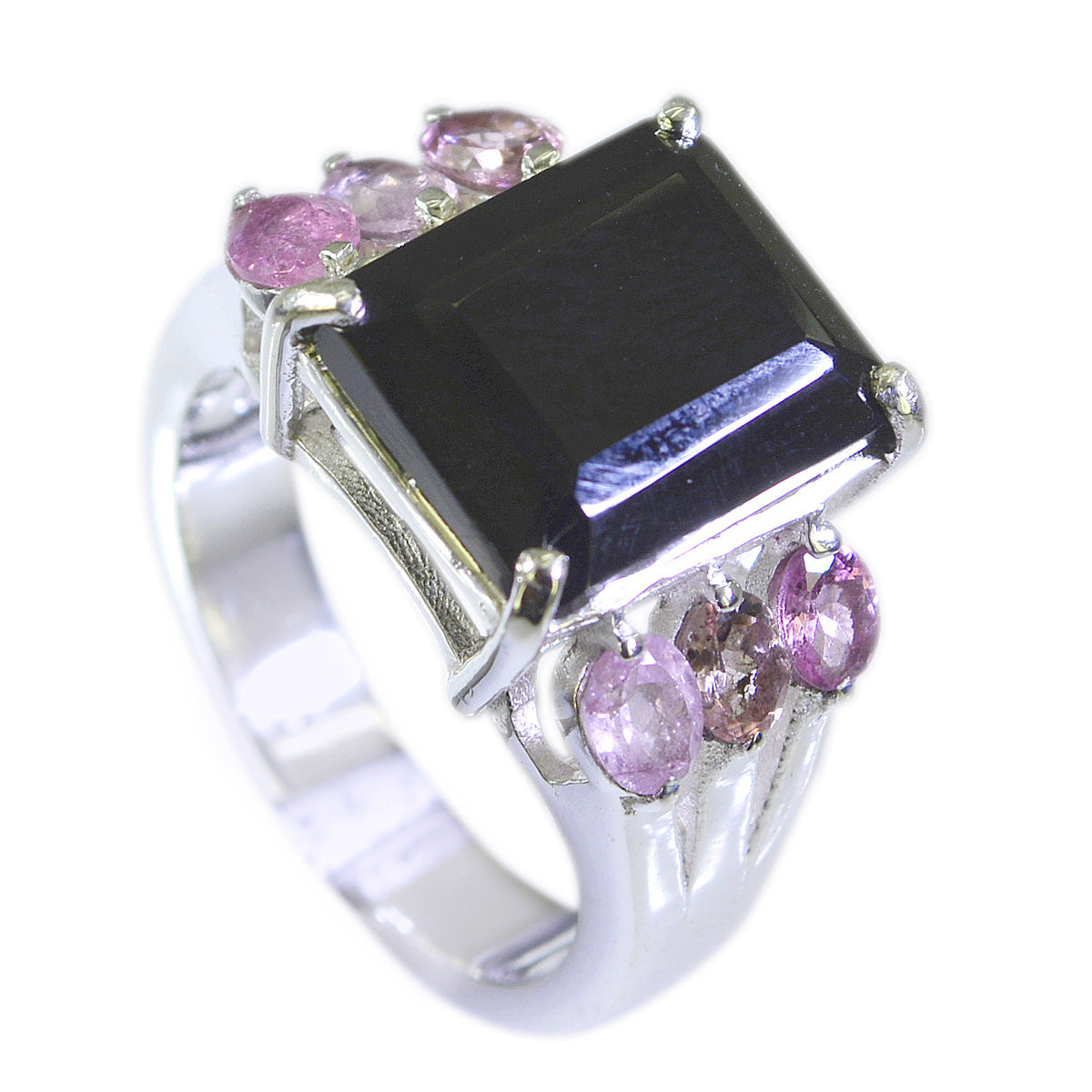 Riya modern multicolor gemstone ring with large square dark center stone and pink round accent stones on silver band