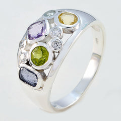 modern multicolor gemstone ring by Sara sterling silver band with amethyst peridot citrine and diamonds
