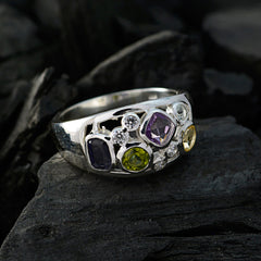 Sara silver band modern multicolor gemstone ring with purple amethyst green peridot yellow citrine and small diamonds