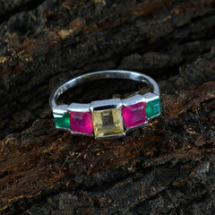 Ayaka modern multicolor gemstone ring with yellow, pink, and green square stones on silver band